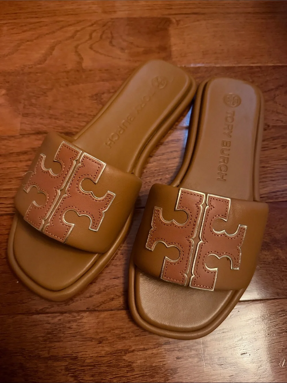 Tory Burch Tan/Brown Logo Slide Sandals